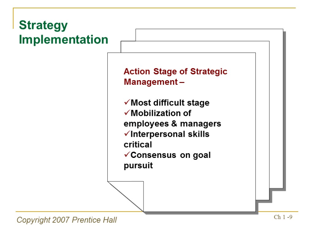 Copyright 2007 Prentice Hall Ch 1 -9 Strategy Implementation Action Stage of Strategic Management